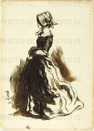 Full-length Portrait of a Woman, 1846, Dante Gabriel Rossetti, English, 1828-1882, England, Pen and brown ink with brush and brown wash, over graphite, on ivory laid paper, laid down on board, 199 × 140 mm