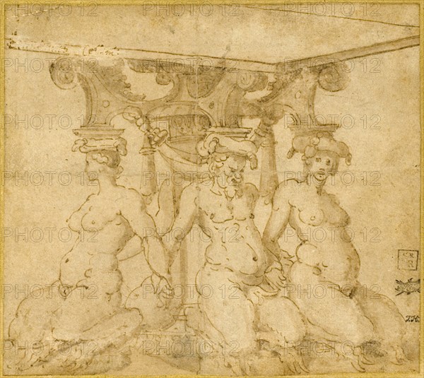 Design for an Ornamental Base with Kneeling Satyresses and Satyr, n.d., Circle of Marco Marchetti, called Marco da Faenza, Italian, c. 1526-1588, Italy, Pen and brown ink, with brush and brown wash, on tan laid paper, laid down on cream laid card, 160 x 179 mm (max.)