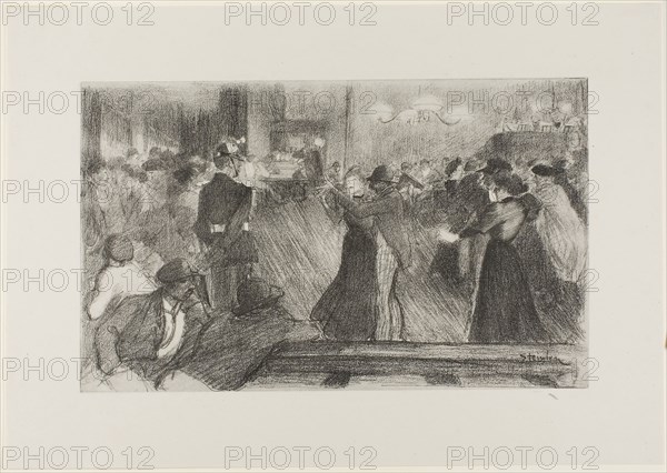 Dance Hall, 1898, Théophile-Alexandre Steinlen, French, born Switzerland, 1859-1923, France, Photo lithograph (from a drawing) in black on gray wove chine, 213 × 347 mm (image), 316 × 450 mm (sheet)