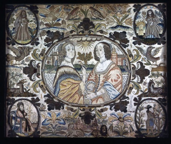 Needlework (Depicting the Four Seasons), c. 1660, England, Silk, satin weave, embroidered with linen, silk, silk-wrapped-metal purl, and gilt-metal purl in bullion, raised and detached, knotted and twisted buttonhole, crossed, raised stem filling and satin stitches, couching, laid work, buttonhole picots, French knots, and embroidered pile, seed pearls and mica, 50.8 × 59.8 cm (20 × 23 1/2 in.)