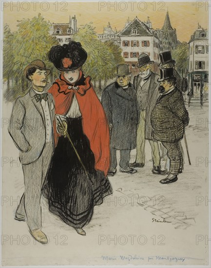 Gentleman Watching a Couple Promenading, c. 1895, Théophile-Alexandre Steinlen, French, born Switzerland, 1859-1923, France, Black and colored crayons, with brush and pen black ink, over incising on ivory wove paper, 517mm × 404mm