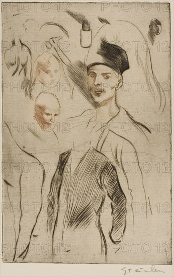 Plate of Sketches, no. 2, 1898, Théophile-Alexandre Steinlen, French, born Switzerland, 1859-1923, France, Drypoint from a zinc plate printed à la poupée in black and red-brown on ivory laid paper, 231 × 151 mm (image/plate), 421 × 308 mm (sheet)