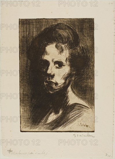 Head of a Woman, plate I, 1898, Théophile-Alexandre Steinlen, French, born Switzerland, 1859-1923, France, Etching and drypoint from a zinc plate in bistre on ivory laid paper, 227 × 150 mm (image/plate), 312 × 226 mm (sheet)