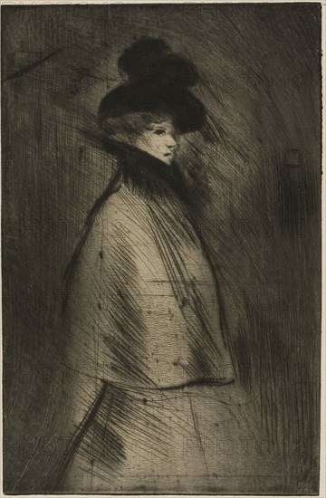 Woman Strolling, 1898, Théophile-Alexandre Steinlen, French, born Switzerland, 1859-1923, France, Drypoint from a zinc plate in black on ivory laid paper, 230 × 151 mm (image/plate), 421 × 305 mm (sheet)