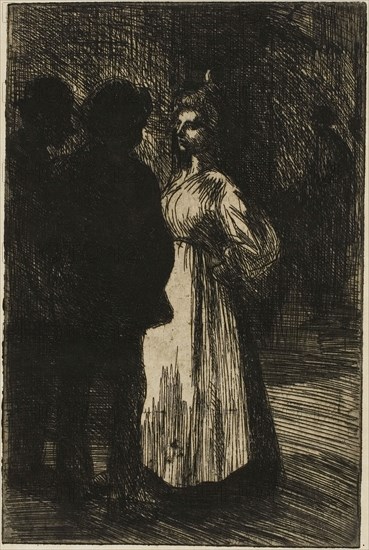 Conversation at Night, 1898, Théophile-Alexandre Steinlen, French, born Switzerland, 1859-1923, France, Etching from a zinc plate on thick cream wove paper, 181 × 120 mm (image/plate), 407 × 280 mm (sheet)