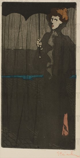 The Shower, 1898, Théophile-Alexandre Steinlen, French, born Switzerland, 1859-1923, France, Aquatint and drypoint from two zinc plates printed à la poupée in 6 colors (black, dark gray, medium gray, brown, blue and pink) on ivory laid paper, 241 × 122 mm (image/plate), 425 × 302 mm (sheet)