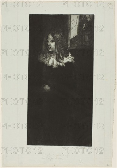 Young Girl with a White Collar, 1898, Théophile-Alexandre Steinlen, French, born Switzerland, 1859-1923, France, Etching and drypoint from a zinc plate in black on blue-green laid paper (accounting paper from a book), 290 × 143 mm (image/plate), 365 × 250 mm (sheet)