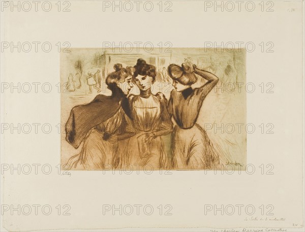 Three Working Girls Out for Lunch, 1900, Théophile-Alexandre Steinlen, French, born Switzerland, 1859-1923, France, Drypoint printed à la poupée in brown and green ink on ivory laid paper, 149 × 226 mm (image/plate), 280 × 363 mm (sheet, ma×.)
