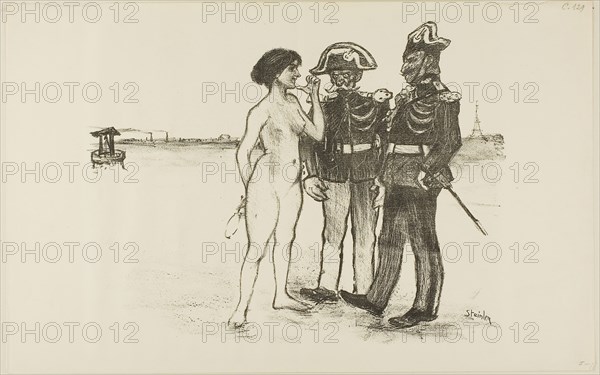 Truth and the Two Soldiers, 1891, Théophile-Alexandre Steinlen, French, born Switzerland, 1859-1923, France, Lithograph in black, with scraping on stone, on cream wove paper (paper appears laid but is machine-made wove), 240 × 310 mm (image), 272 × 432 mm (sheet)