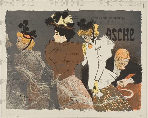 Asche, 1895, Théophile-Alexandre Steinlen (French, born Switzerland, 1859-1923), printed by Eugène Verneau, published by Albert Langen (Paris and Leipzig), France, Lithograph in black, gray, brown, orange and yellow on ivory wove paper, 208 × 267 mm (image, not incl. registration marks), 226 × 282 mm (sheet)