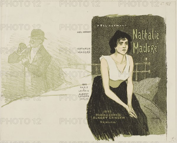 Nathalie Madoré, 1895, Théophile-Alexandre Steinlen (French, born Switzerland, 1859-1923), printed by Eugène Verneau (French, d. 1906), published by Albert Langen (German, 1869-1909), authored by Abel Hermant (French, 1862-1950), France, Lithograph in olive, black, fawn and white on ivory wove paper, 213 × 274 mm (image), 233 × 287 mm (sheet)