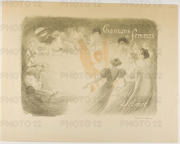 Chansons de femmes, cover for a book by Paul Delmet, 1897, Théophile-Alexandre Steinlen, French, born Switzerland, 1859-1923, France, Lithograph in three colors (black, pale green and gold [or red, see remarks]) on cream wove paper, 317 × 432 mm (image), 434 × 549 mm (sheet)
