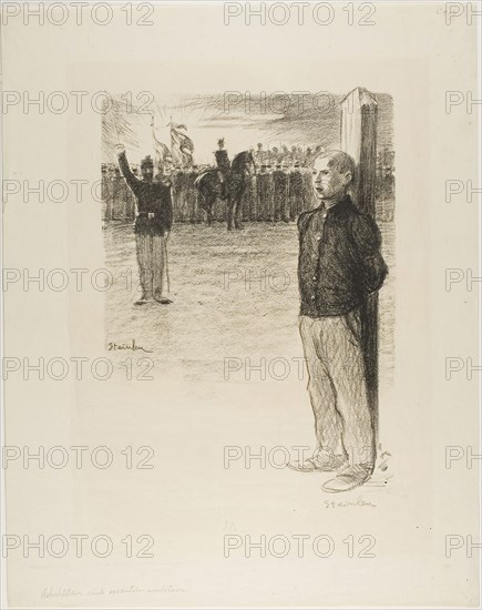 Civil Rehabilitation and Military Execution, December 1897, Théophile-Alexandre Steinlen, French, born Switzerland, 1859-1923, France, Lithograph in black, with scraping on stone and blue pencil additions, on ivory wove paper, 370 × 268 mm (image), 548 × 435 mm (sheet)