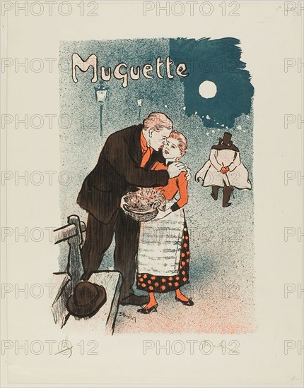 Muguette, 1892, Théophile-Alexandre Steinlen, French, born Switzerland, 1859-1923, France, Lithograph (pen & ink and crayon) in black with stenciled color (slate blue, red, dk brown and black) on cream wove paper, 290 × 219 mm (image, incl. stray marks), 351 × 271 mm (sheet)