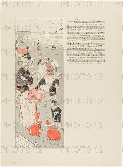 At Trouville, published August 28, 1892, Théophile-Alexandre Steinlen, French, born Switzerland, 1859-1923, France, Photorelief print in red and black with letterpress music/lyrics on ivory wove paper, 335 × 230 mm (image, incl. letterpress), 422 × 311 mm (sheet)