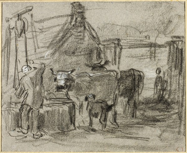Farmyard with Man and Cattle, n.d., Constant Troyon, French, 1810-1865, France, Black chalk, heightened with touches of white chalk, on blue laid paper with pink and blue fibers, 197 × 240 mm