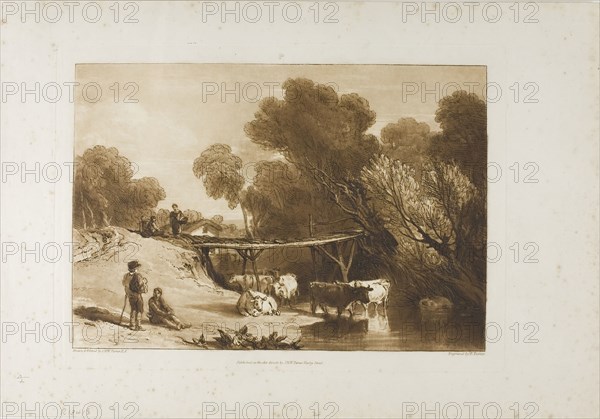 Bridge and Cows, plate 2 from Liber Studiorum, published June 11, 1807, Joseph Mallord William Turner (English, 1775-1851), Engraved by Charles Turner (English, 1773-1857), England, Etching and engraving in brown on ivory laid paper, 182 × 263 mm (image), 208 × 288 mm (plate), 287 × 383 mm (sheet)