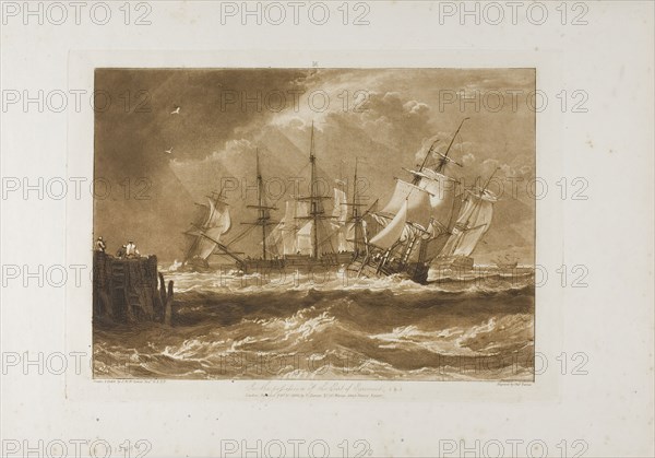 Ships in a Breeze, plate 10 from Liber Studiorum, published February 20, 1808, Joseph Mallord William Turner (English, 1775-1851), Engraved by Charles Turner (English, 1773-1857), England, Etching and engraving in brown on ivory laid paper, 181 × 257 mm (image), 206 × 289 mm (plate), 267 × 381 mm (sheet)
