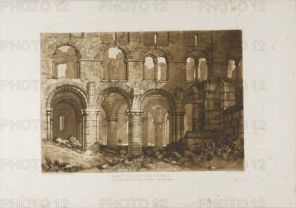 Holy Island Cathedral, plate 11 from Liber Studiorum, published February 20, 1808, Joseph Mallord William Turner (English, 1775-1851), Engraved by Charles Turner (English, 1773-1857), England, Etching and engraving in brown on ivory laid paper, 180 × 261 mm (image), 208 × 289 mm (plate), 268 × 380 mm (sheet)