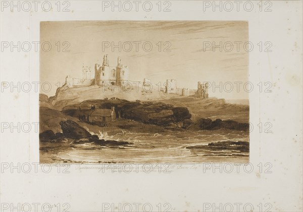 Dunstanborough Castle, plate 14 from Liber Studiorum, published June 10, 1808, Joseph Mallord William Turner (English, 1775-1851), Engraved by Charles Turner (English, 1773-1857), England, Etching and engraving in brown on ivory laid paper, 181 × 266 mm (image), 208 × 291 mm (plate), 266 × 380 mm (sheet)