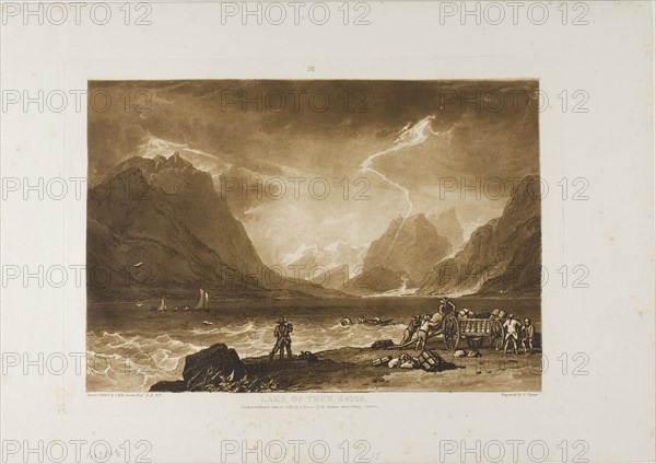 Lake of Thun, plate 15 from Liber Studiorum, published June 10, 1808, Joseph Mallord William Turner (English, 1775-1851), Engraved by Charles Turner (English, 1773-1857), England, Etching and engraving in brown on ivory laid paper, 180 × 264 mm (image), 208 × 290 mm (plate), 267 × 380 mm (sheet)