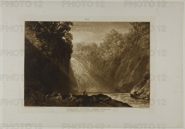 The Fall of the Clyde, plate 18 from Liber Studiorum, published March 29, 1809, Joseph Mallord William Turner (English, 1775-1851), Engraved by Charles Turner (English, 1773-1857), England, Etching and engraving on ivory paper, laid down on ivory paper, 181 × 265 mm (image), 209 × 291 mm (plate), 267 × 381 mm (sheet)