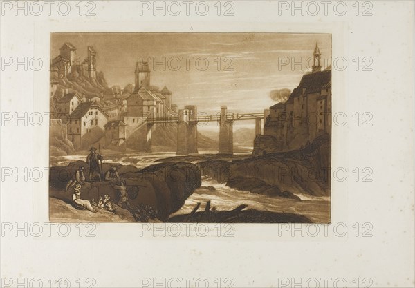Lauffenbourgh on the Rhine, plate 31 from Liber Studiorum, published January 1, 1811, Joseph Mallord William Turner (English, 1775-1851), Engraved by T. Hodgetts, England, Etching and engraving on ivory paper, 176 × 260 mm (image), 202 × 291 mm (plate), 267 × 381 mm (sheet)