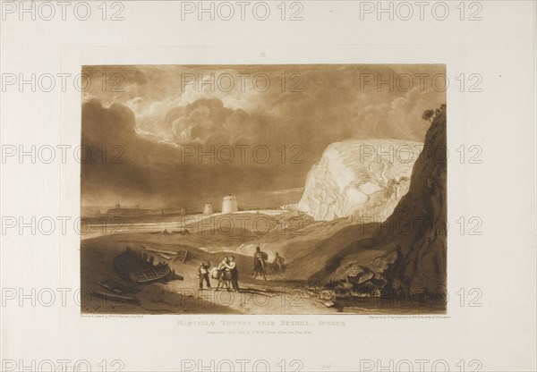 Martello Towers near Bexhill, Sussex, published June 1811, Joseph Mallord William Turner (English, 1775-1851), Engraved by William Say (English, 1768-1834), England, Etching and engraving in brown on ivory laid paper, 178 × 260 mm (image), 207 × 290 mm (plate), 266 × 381 mm (sheet)