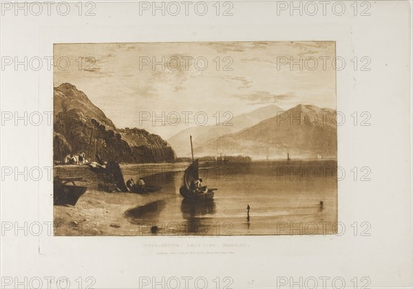 Inverary Pier Loch Fyne, Morning, published June 1, 1811, Joseph Mallord William Turner, English, 1775-1851, England, Etching and aquatint in brown on ivory laid paper, 180 × 264 mm (image), 216 × 293 mm (plate), 266 × 382 mm (sheet)