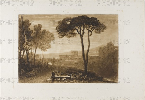Scene in the Compagna, plate 38 from Liber Studiorum, published February 1, 1812, Joseph Mallord William Turner, English, 1775-1851, England, Etching and engraving in brown on ivory wove paper, 183 × 265 mm (image), 210 × 290 mm (plate), 267 × 382 mm (sheet)