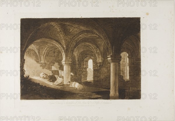 Crypt of Kirkstall Abbey, plate 39 from Liber Studiorum, published February 11, 1812, Joseph Mallord William Turner, English, 1775-1851, England, Etching and engravng in brown on ivory laid paper, 181 × 264 mm (image), 210 × 291 mm (plate), 267 × 381 mm (sheet)