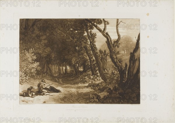 Procris and Cephalus, plate 41 from Liber Studiorum, published February 14, 1812, Joseph Mallord William Turner (English, 1775-1851), Engraved by G. Clint (1770-1854), England, Etching and engraving in brown on off-white wove paper, 186 × 265 mm (image), 216 × 292 mm (plate), 296 × 443 mm (sheet)