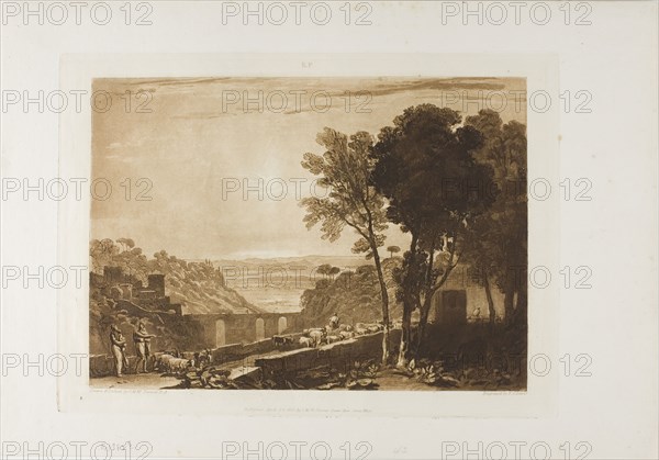 The Bridge and Goats, plate 43 from LIber Studiorum, published April 23, 1812, Joseph Mallord William Turner (English, 1775-1851), Engraved by Fredrick Christian Lewis (English, 1779-1856), England, Etching and engraving in brown on ivory laid paper, 181 × 254 mm (image), 210 × 292 mm (plate), 266 × 383 mm (sheet)