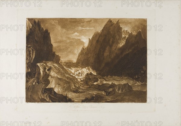 Mer de Glace, plate 50 from Liber Studiorum, published May 23, 1812, Joseph Mallord William Turner, English, 1775-1851, England, Etching and engraving in brown on ivory laid paper, 180 × 258 mm (image), 220 × 295 mm (plate), 266 × 382 mm (sheet)