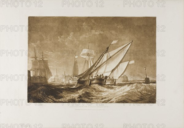 Entrance of Calais Harbour, plate 55 from Liber Studiorum, published January 1, 1816, Joseph Mallord William Turner, English, 1775-1851, England, Etching and engraving in brown on ivory laid paper, 180 × 268 mm (image), 217 × 305 mm (plate), 266 × 382 mm (sheet)