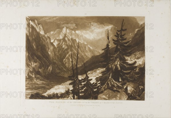 The Source of the Arveron, plate 60 from Liber Studiorum, published January 1, 1816, Joseph Mallord William Turner, English, 1775-1851, England, Etching and engraving in brown on ivory laid paper, 188 × 269 mm (image), 256 × 292 mm (plate), 268 × 388 mm (sheet)