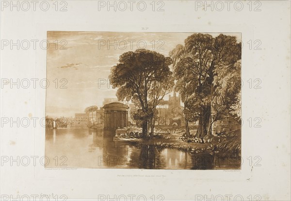 Isleworth, plate 63 from Liber Studiorum, published January 1, 1819, Joseph Mallord William Turner (English, 1775-1851), Engraved by H. Dawe, England, Etching and engraving in brown on ivory wove paper, 182 × 262 mm (image), 209 × 290 mm (plate), 266 × 386 mm (sheet)