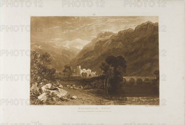 Bonneville, plate 64 from Liber Studiorum, published January 1, 1816, Joseph Mallord William Turner (English, 1775-1851), Engraved by H. Dawe, England, Etching and engraving in brown on ivory paper, 190 × 275 mm (image), 215 × 292 mm (plate), 266 × 385 mm (sheet)