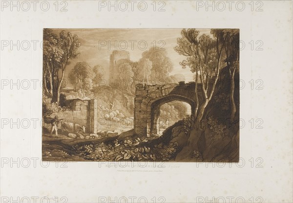 East Gate, Winchelsea, plate 67 from Liber Studiorum, published January 1, 1819, Joseph Mallord William Turner (English, 1775-1851), Engraved by S.W. Reynolds, England, Etching and engraving in brown on ivory paper laid down on off-white paper, 175 × 259 mm (image), 205 × 290 mm (plate), 267 × 386 mm (sheet)