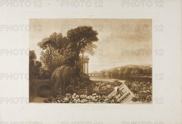 Isis, plate 68 from Liber Studiorum, published January 1, 1819, Joseph Mallord William Turner, English, 1775-1851, England, Etching and engraving in brown on ivory laid paper, 180 × 263 mm (image), 108 × 292 mm (plate), 167 × 388 mm (sheet)