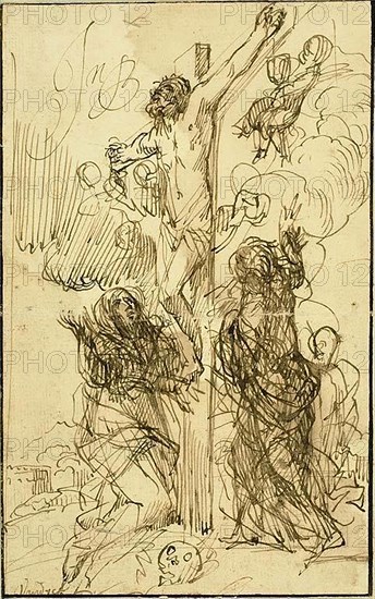 The Crucifixion, n.d., Attributed to Jan Philipsz. van Bouckhorst (Dutch, 1588-1631), or Anthonie van Dyck (Flemish, 1599-1641) or his school, Netherlands, Pen and brown ink on cream laid paper, laid down on board, 184 x 116 mm