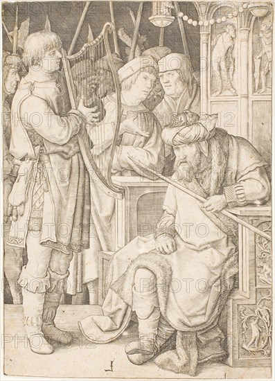 David Playing the Harp Before Saul, c. 1508, Lucas van Leyden, Netherlandish, c. 1494-1533, Netherlands, Engraving in black on cream laid paper, 255 mm x 185 mm (image/sheet, trimmd within plate mark)