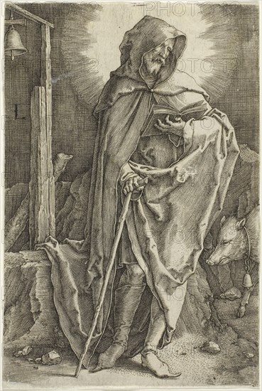Saint Anthony, c. 1521, Lucas van Leyden, Netherlandish, c. 1494-1533, Netherlands, Engraving in black on ivory laid paper, 113 x 75 mm (image/sheet, trimmed within plate mark)