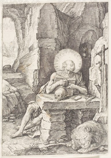Saint Jerome, 1500/99, Raphael de Mey, German, active 16th century, in imitation of, Lucas van Leyden, Netherlandish, c. 1494-1533, Netherlands, Engraving in black on ivory laid paper, 193 x 134 mm (image), 195 x 137 mm (sheet, trimmed within plate mark)