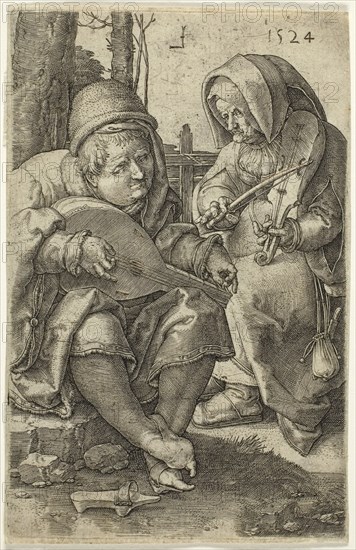 The Musicians, 1524, Lucas van Leyden, Netherlandish, c. 1494-1533, Netherlands, Engraving in black on cream laid paper, 117 x 75 mm (image/plate), 119 x 77 mm (sheet)