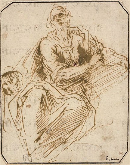 Study for St. Mark (recto), Sketch of Half-length Male Figure, Looking Upwards to Right (verso), 1602/05, Jacopo Negretti, called Palma il Giovane, Italian, c. 1548-1628, Italy, Pen and brown ink (recto), and red chalk (verso), on ivory laid paper, 190 x 149 mm (max.)