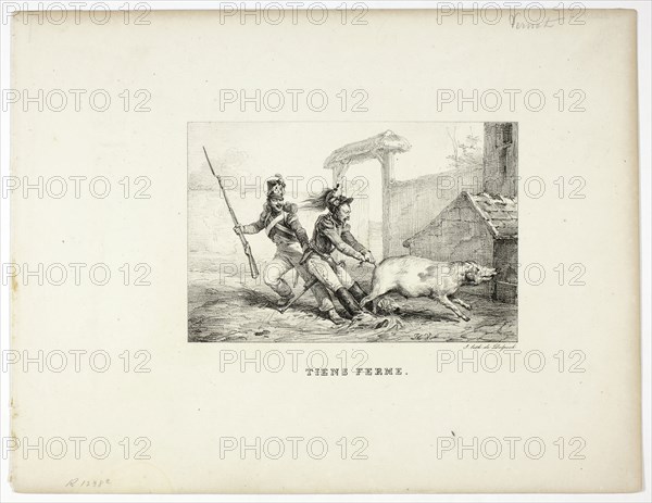 Hold Fast, 1813–39, Horace Vernet (French, 1789-1863), printed by Francois Seraphin Delpech (French, 1778-1825), France, Lithograph in black on ivory wove paper, 118 × 176 mm (image), 258 × 337 mm (sheet)