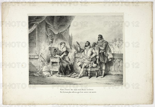 Reine, l’excés des maux où la France est livrée…, 1825, Horace Vernet (French, 1789-1863), poem by Voltaire (French, 1694-1778), printed by Gottfried Engelmann (French, 1788-1839), published by Dubois (French, 18th-19th century), France, Lithograph in black on gray chine, laid down on ivory wove paper (chine collé), 190 × 260 mm (image), 204 × 270 mm (primary support), 285 × 418 mm (secondary support)