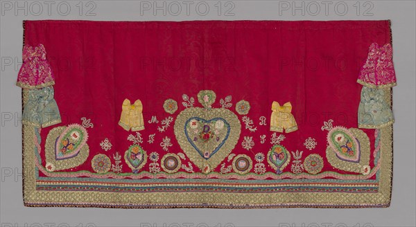 Altar Frontal, 19th century, Germany, Bavaria, Bayern, Silk and metal threads, lace, sequins, rosettes, and beads, damask weave, embroidered, 79 × 161.6 cm (31 1/8 × 63 5/8 in.)