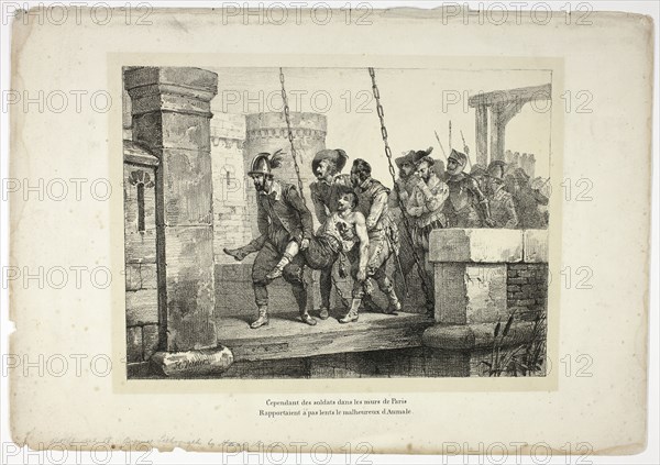 Cependant des soldats dans les murs de Paris…, 1825, Horace Vernet (French, 1789-1863), poem by Voltaire (French, 1694-1778), published by Dubois (French, 18th-19th century), France, Lithograph in black, with a fawn tint stone, on ivory wove paper, 222 × 298 mm (image), 290 × 418 mm (sheet)